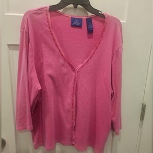JH Collectibles Woman Pink Cotton Cardigan Sweater Beaded Trim V-Neck Button M